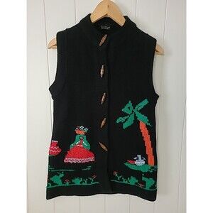 Vintage Hippie Boho Sweater Womens Size Medium Knit Sleeveless Toggle Closure